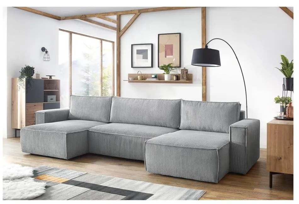 Svetlosivá menčestrová rozkladacia rohová pohovka do "U" Nihad – Bobochic Paris