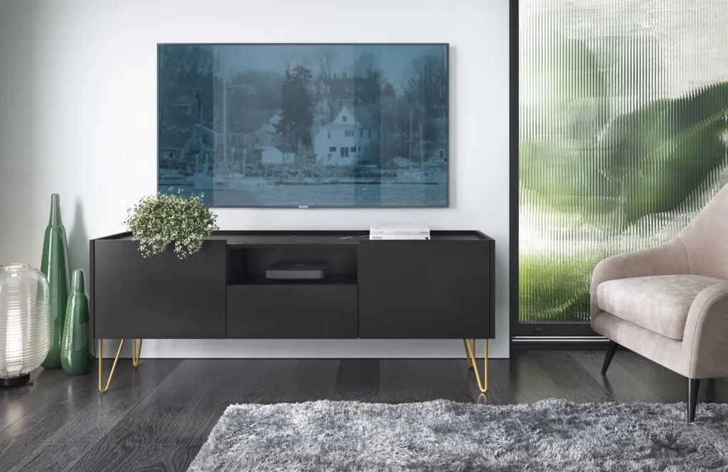 TV skrinka Harmony, čierna/čierny mramor