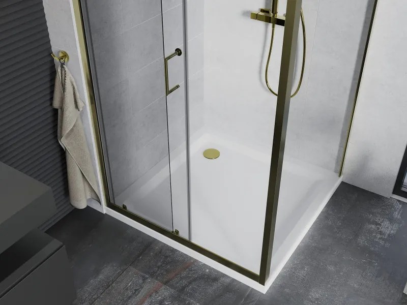Mexen Apia, sprchový kút s posuvnými dverami 100 (dvere) x 100 (stena) cm, 6mm číre sklo, zlatý profil + biela sprchová vanička SLIM, 840-100-100-50-00-4010G