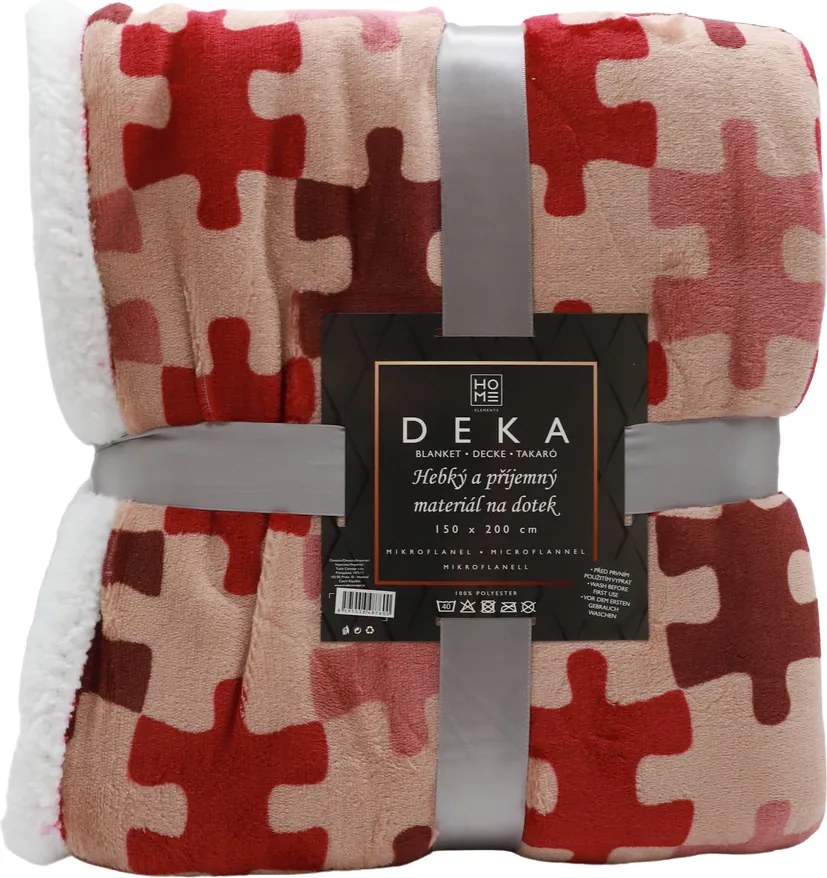 Home Elements Mikroflanelová deka s baránkom, vzor Puzzle, červená a hnedá