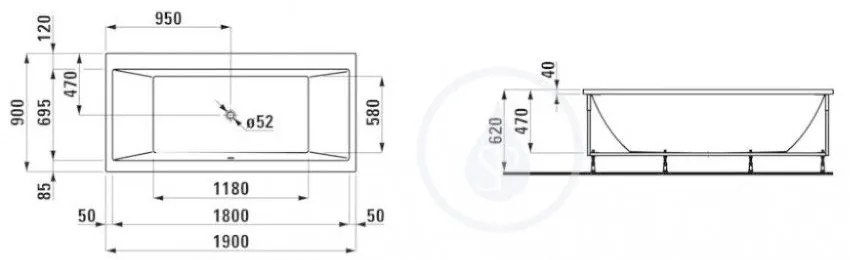 LAUFEN Pro Vaňa, 1900 mm x 900 mm, biela – s rámom, senzorové ovládanie, vzduchová masáž H2349510006051