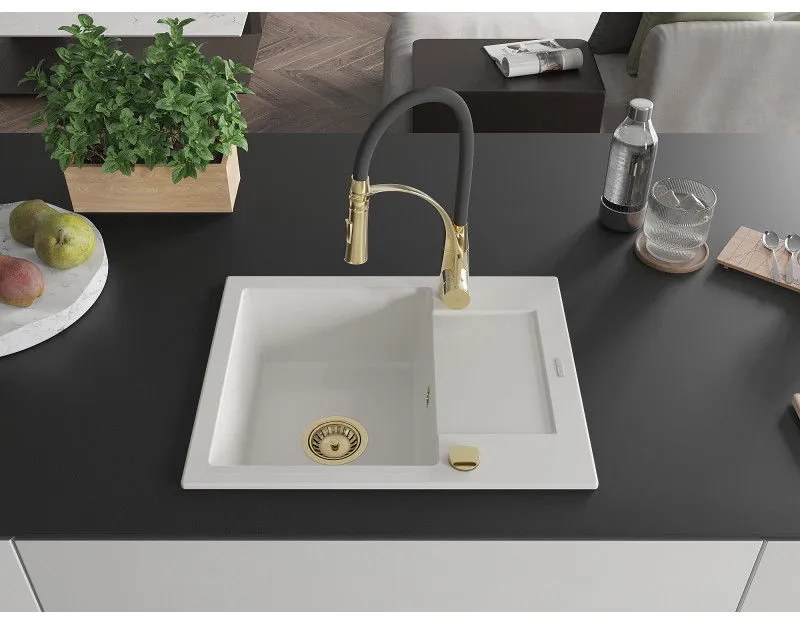 Mexen Enzo, 1-komorový granitový drez 576x465x174 mm a drezová batéria Aster, biela, 6506-20-73450-57-G