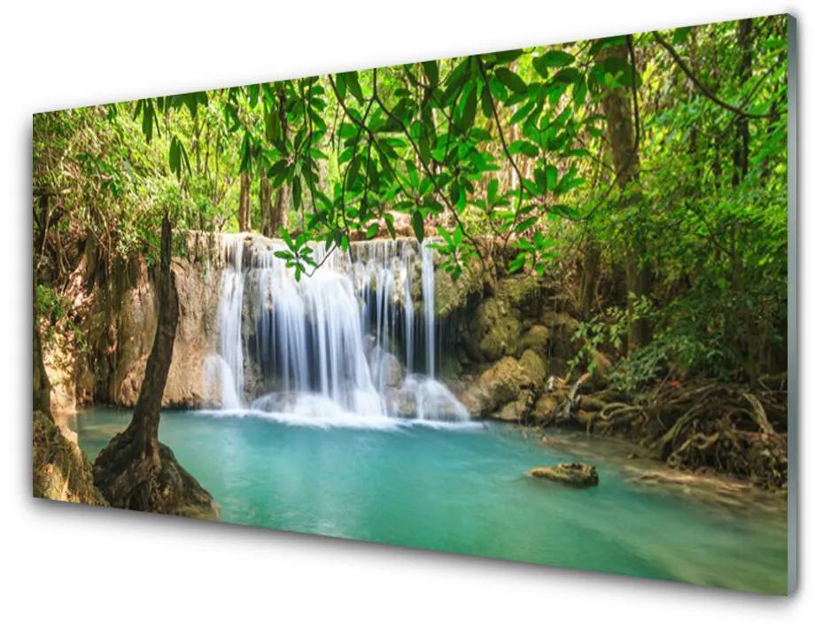 Skleneny obraz Vodopád jazero les príroda 140x70 cm