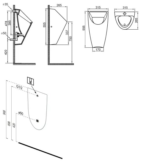Bruckner - pisoár SCHWARN, zadný prívod a zadný odtok, so zabudovaným splachovaním, 6 V DC, biela