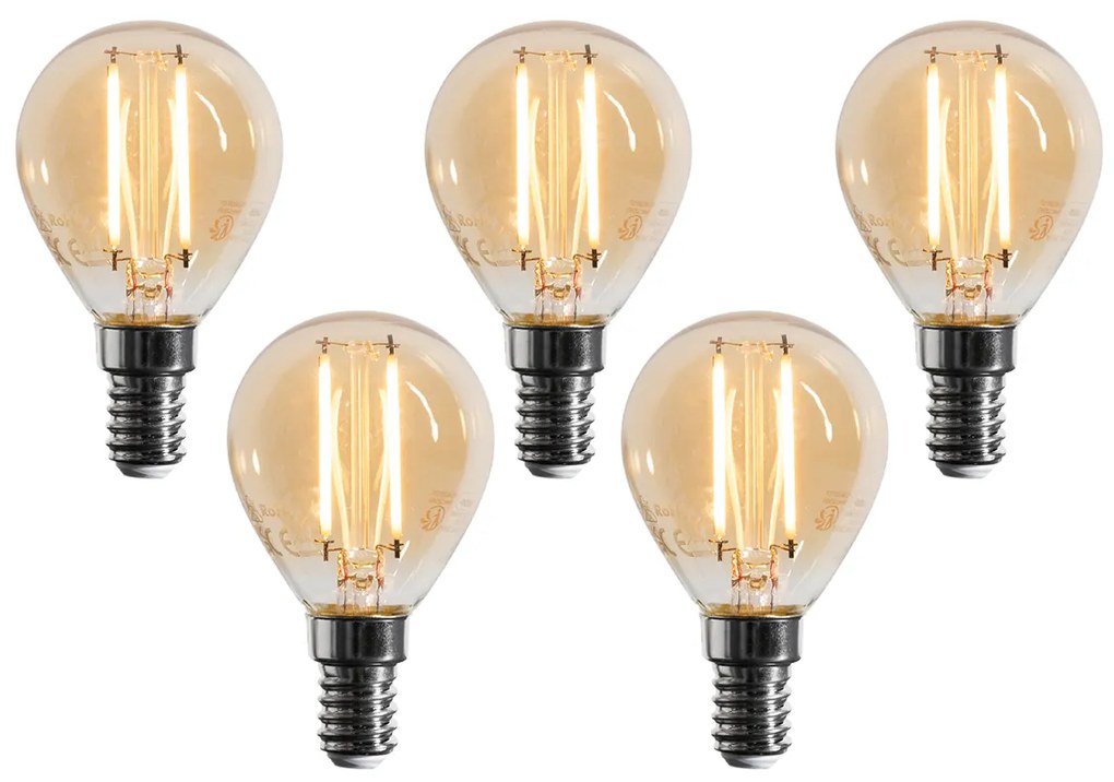 Sada 5 stmievateľných LED žiaroviek E14 G45 zlatá 4W 330 lm 2100K
