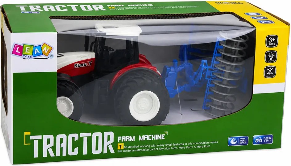 LEAN Toys Traktor s poľnohospodárskym valcom, diaľkovo ovládaný RC, červené svetlá, mierka 1:24
