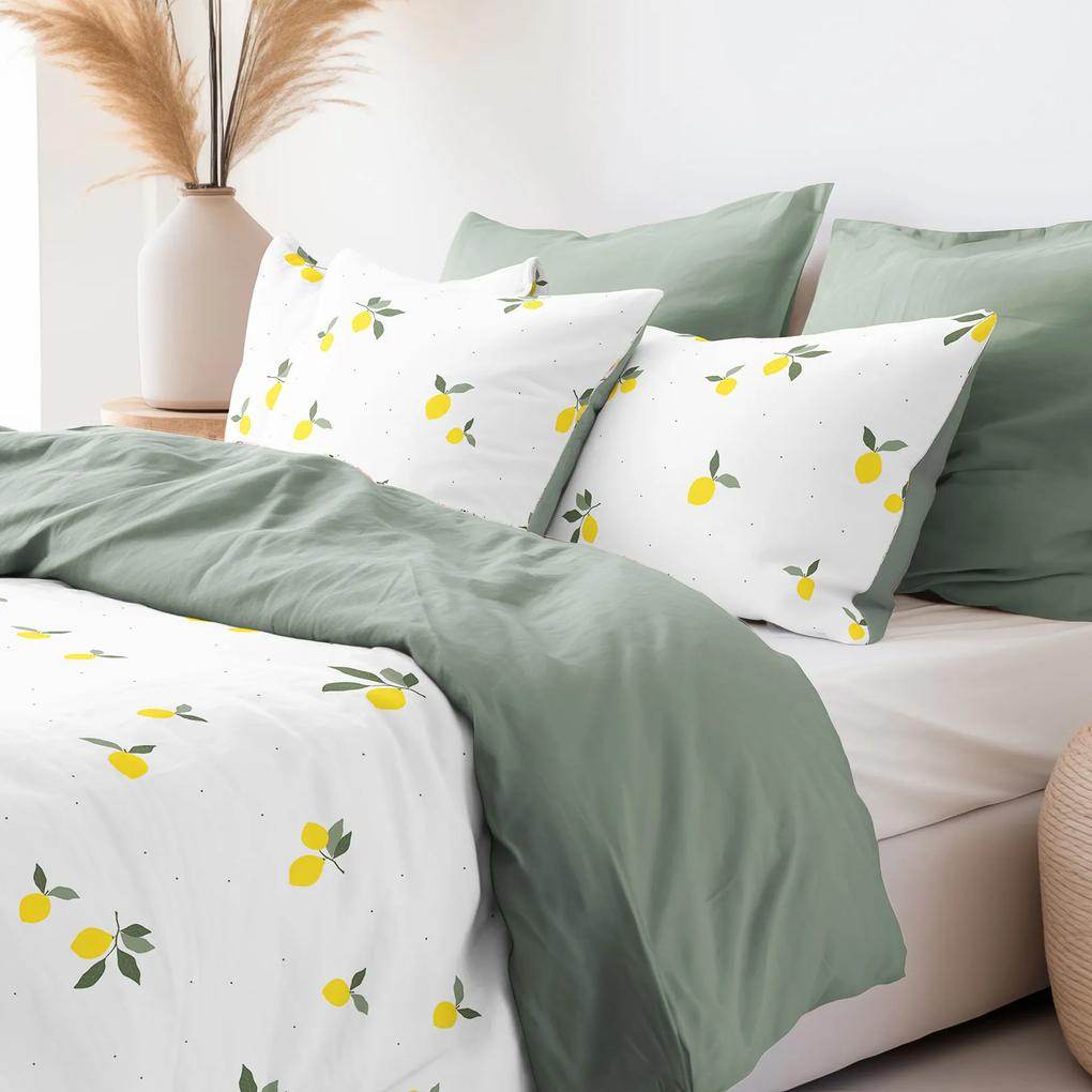 Goldea bavlnené posteľné obliečky duo - citróny s šalvejovo zelenou 150 x 200 a 50 x 60 cm