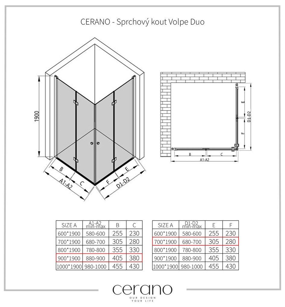 Cerano Volpe Duo, sprchovací kút so skladacími dverami 90(dvere) x 70(dvere) x 190cm, 6mm číre sklo, chrómový profil, CER-CER-480184