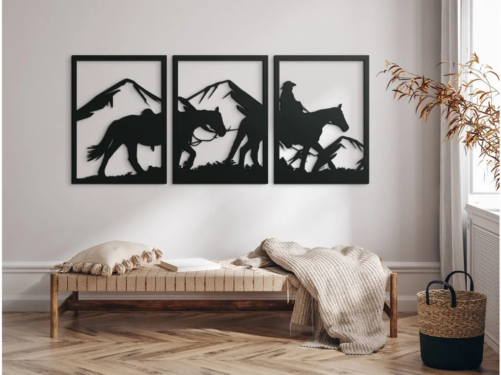 drevko 3-dielny obraz Jazdec v horách Rozmer obrazu: 38,5 x 89 cm, Farba dekorácie: Čierna