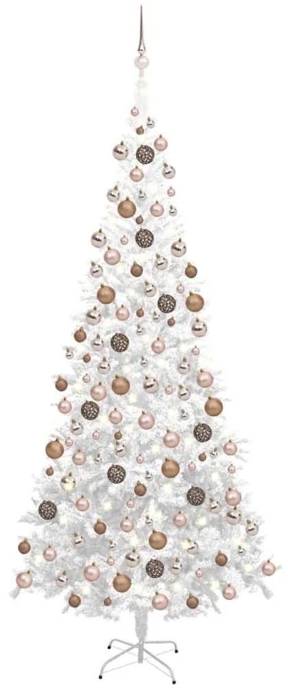 Umelý vianočný stromček s LED a súpravou gulí L 240 cm biely 3077582