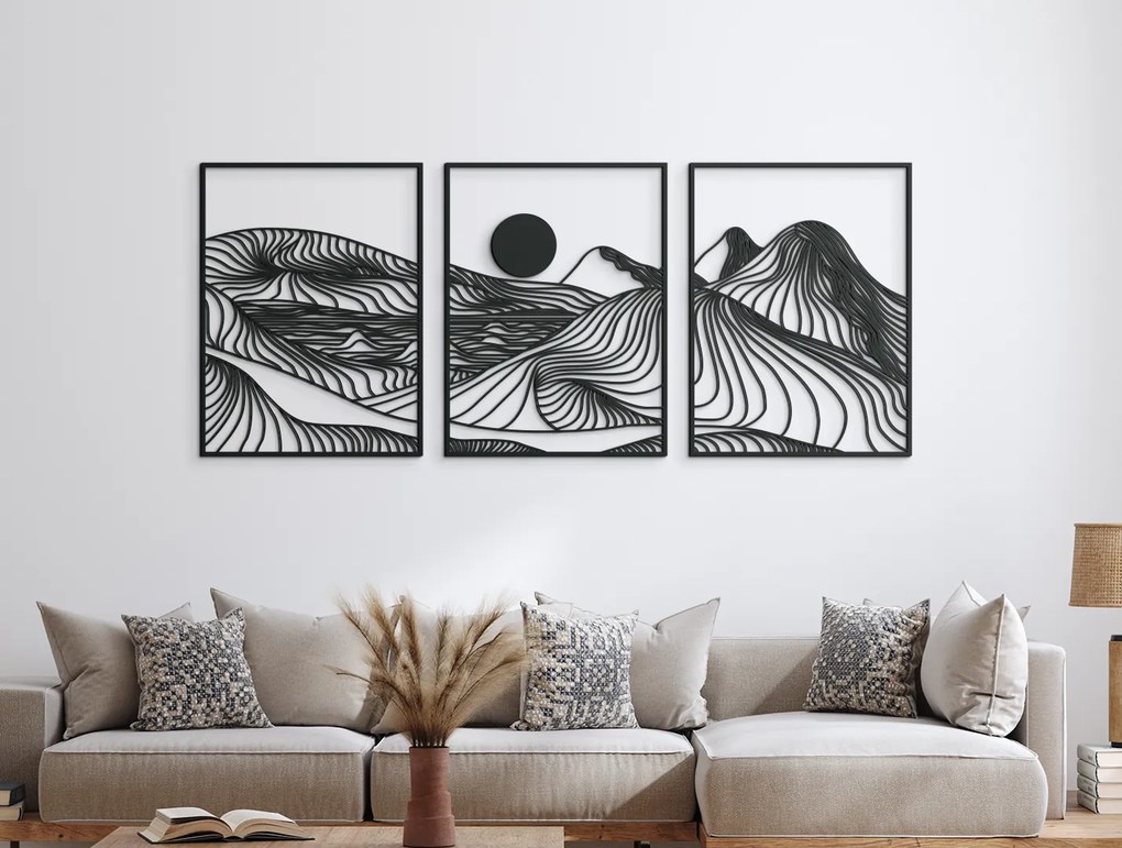 drevko 3-dielny lineart obraz Hory a slnko Rozmer obrazu: 52 x 120 cm, Farba dekorácie: Čierna