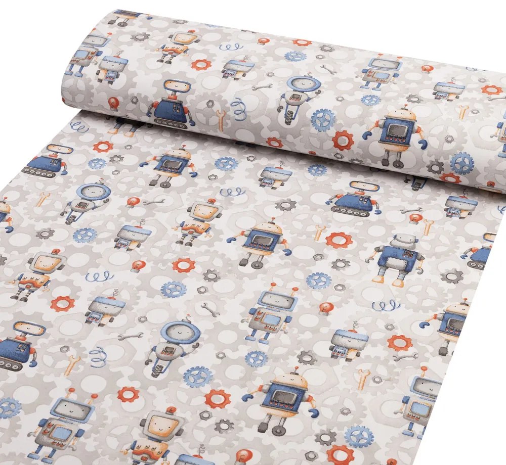 Detská bavlnená látka/plátno Sandra SA-584 Svet robotov na sivo-bielom - šírka 160 cm