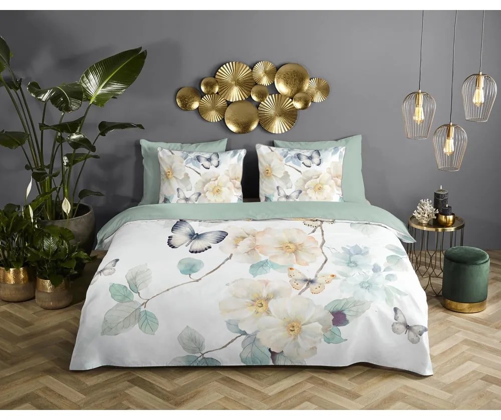 Biele/zelené obliečky na dvojlôžko/predĺžené z bavlneného saténu 200x220 cm Adiwanya – Descanso