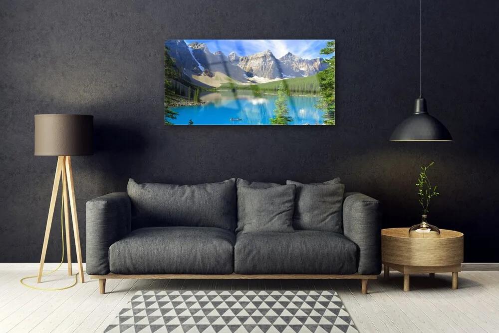 Skleneny obraz Jazero hora les príroda 125x50 cm