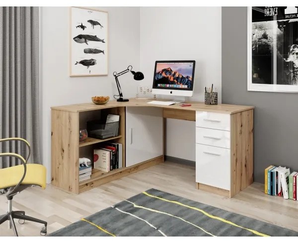 Písací stôl s poličkou a zásuvkami ROBERTO, pravostranný, dub artisan/biela