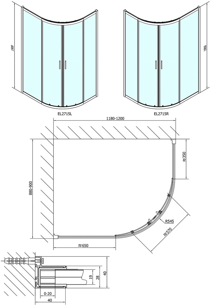 Polysan Polysan, EASY LINE štvrťkruhová sprchová zástena 1200x900mm, L/R, číre sklo, EL2715