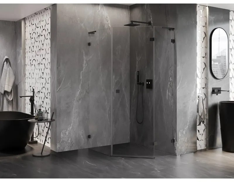 Mexen Lunar, L pravý výklopný päťuholníkový sprchový kút 80 x 90 cm, 8mm číre sklo, čierny profil, 831L-080P-090L-70-00-P