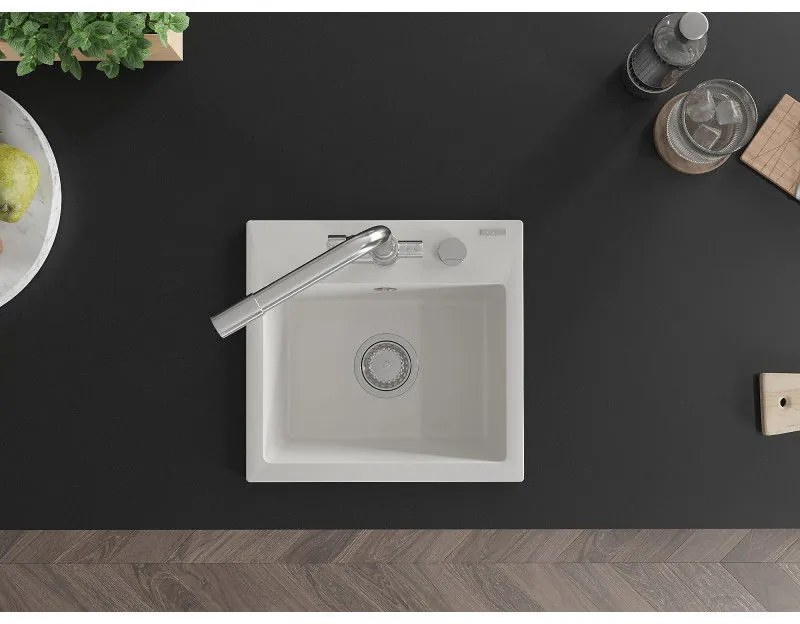 Mexen Milo, granitový drez 435x410x171 mm, 1-komorový a chrómová batéria Duero, biela, 6505-20-671600-00
