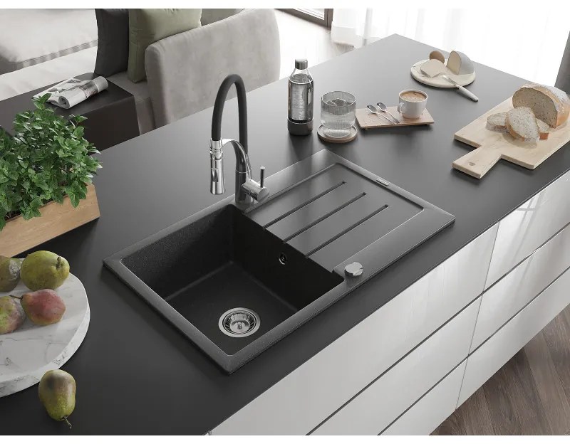 Mexen Bruno, 1-komorový granitový drez 795x495x200 mm a drezová batéria Aster, čierna škvrnitá, 6513-76-73450-07