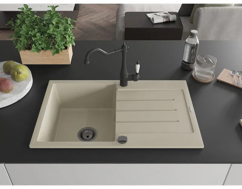 Mexen Bruno, granitový drez 795x495x200 mm, 1-komorový a drezová batéria Carla, béžová, 6513-69-670700-70