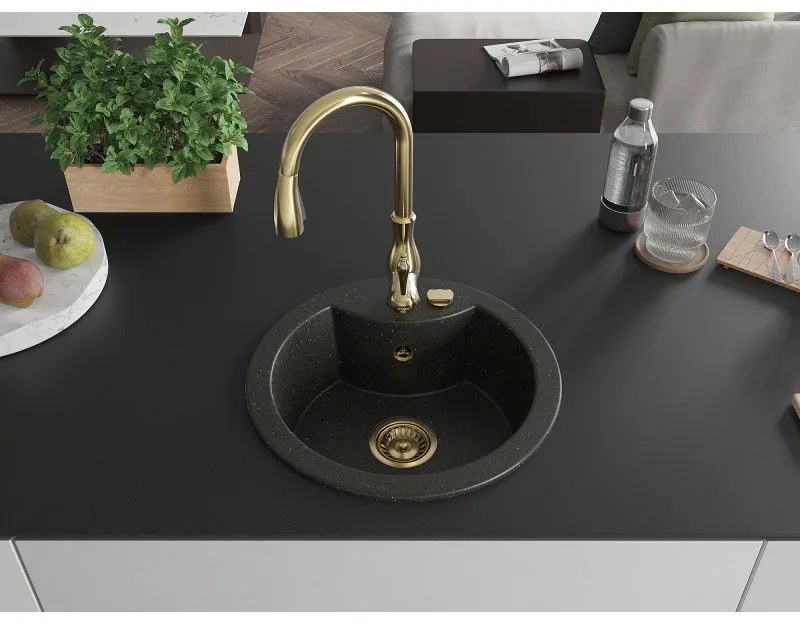 Mexen Diego, 1-komorový granitový drez 488x488x167 mm a drezová batéria Savita, čierna-zlatá metalíza, 6512-75-672601-50
