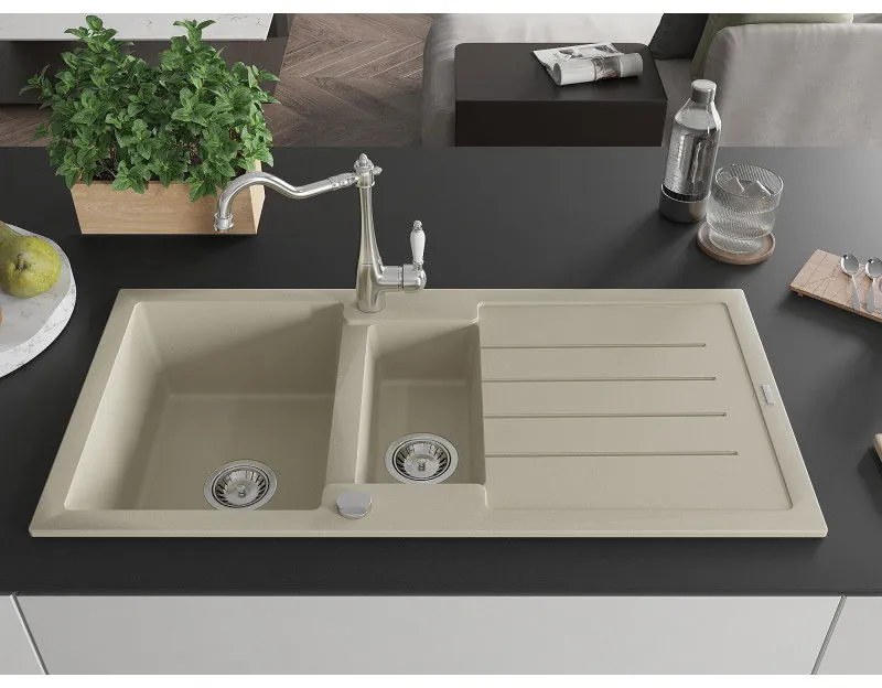 Mexen Andres, granitový drez 1000x500x200 mm, 1,5-komorový a drezová batéria Carla, béžová, 6515-69-670700-00