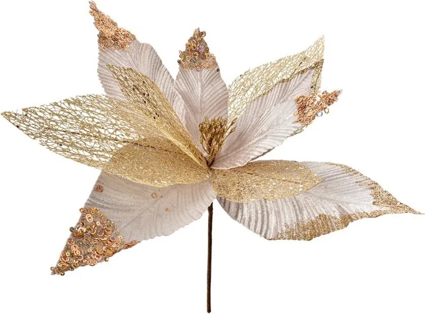 Bielo-zlatá dekorácia kvetina vianočná hviezda Poinsettia - Ø 44*37 cm