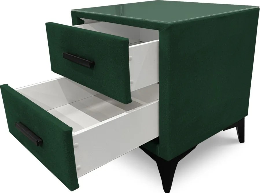 Nočný stolík s 2 zásuvkami Joy, tmavo zelená látka
