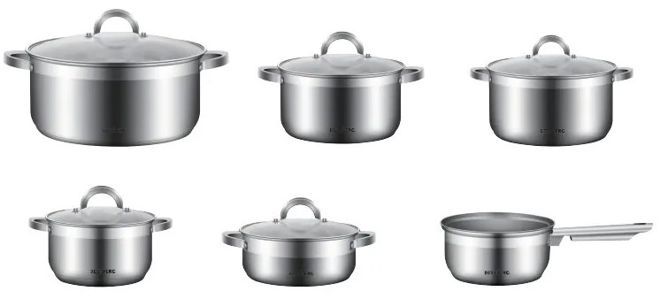 MEGAKOMBO Elektrický krájač BestBerg BBS-400 + 11dielna sada nerezových hrncov BestBerg BBSC-11 + Elektrický mlynček na mäso BestBerg BBM-2500