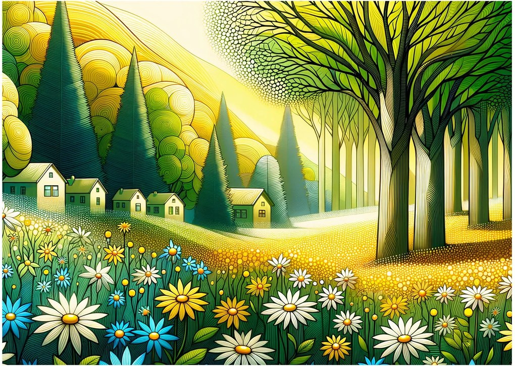 Obraz - Dedina v žlto-zelenej (70x50 cm)