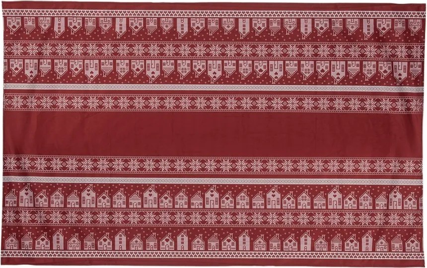 Tmavočervený zimný obrus s domčekmi a vločkami - 140*220 cm
