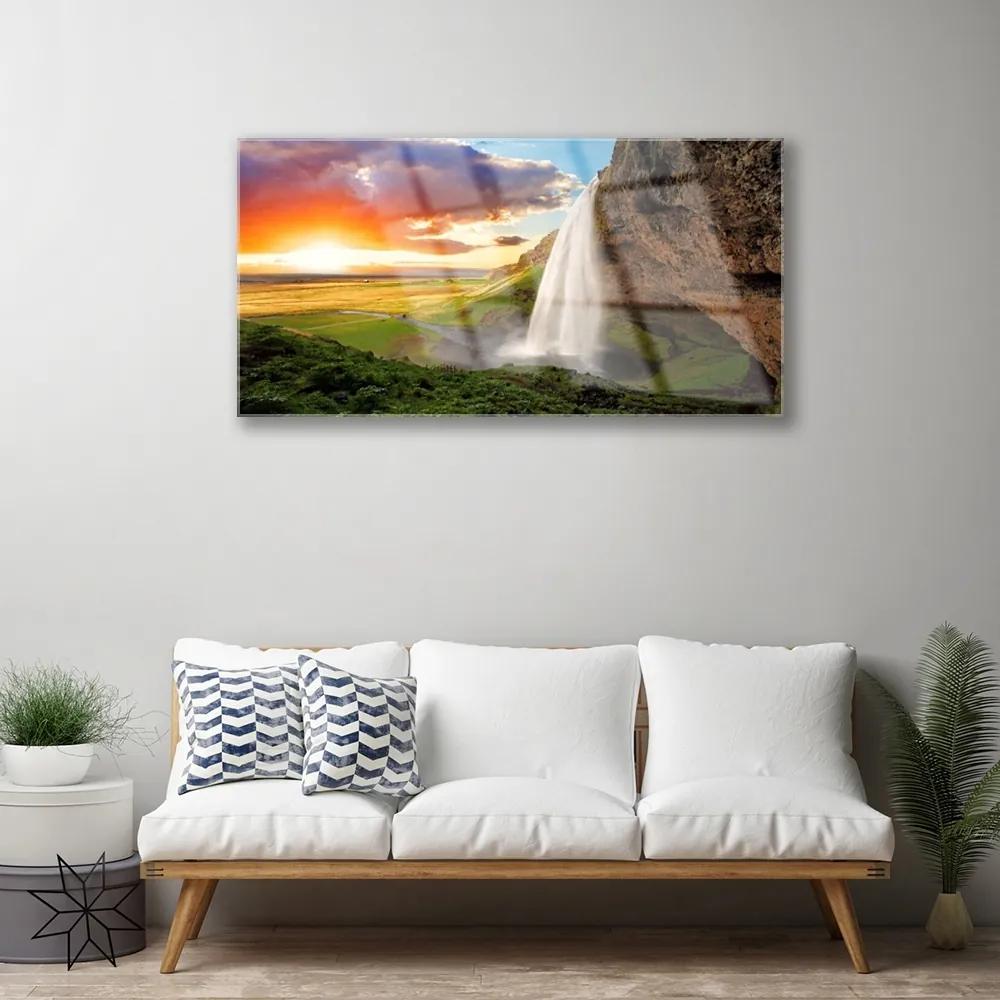Obraz na skle Hora vodopád príroda 125x50 cm
