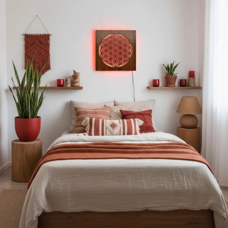 Drevená mandala Kvet života s LED podsvietením obraz na stenu  | SENTOP LED0198