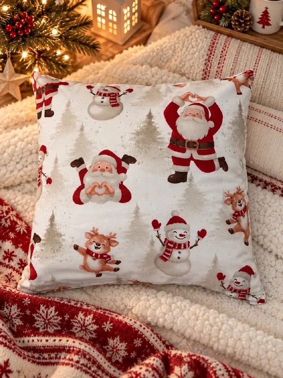 Vianočná obliečka na vankúšik Santa Claus 40 × 40 cm – Santa, snehuliak a sob