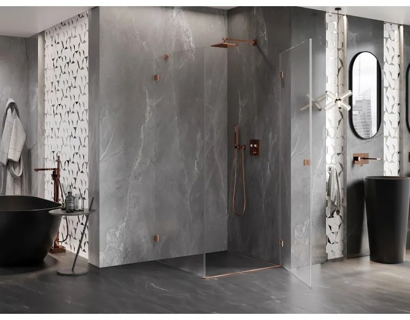 Mexen Lunar-B, pravostranný výklopný sprchový kút 80 x 80 cm, 8mm číre sklo, profil medená matná, 832-080-080-65-00-P