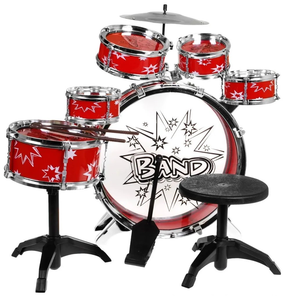 RAMIZ 6-bubnová súprava bicích pre deti 3+, červená, 8 ks. + stolička 2 paličky ZMU.28875A.CR