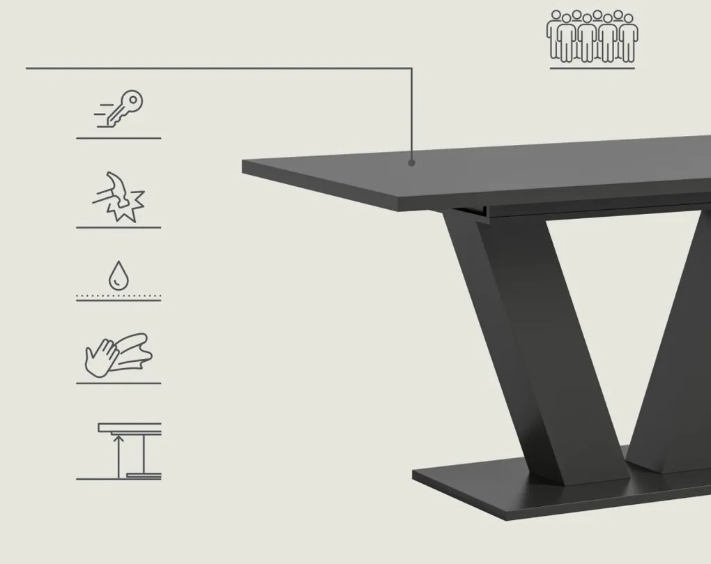 Rozkladací jedálenský stôl Moteon 150x90 cm, sivý/sivý, podnož V