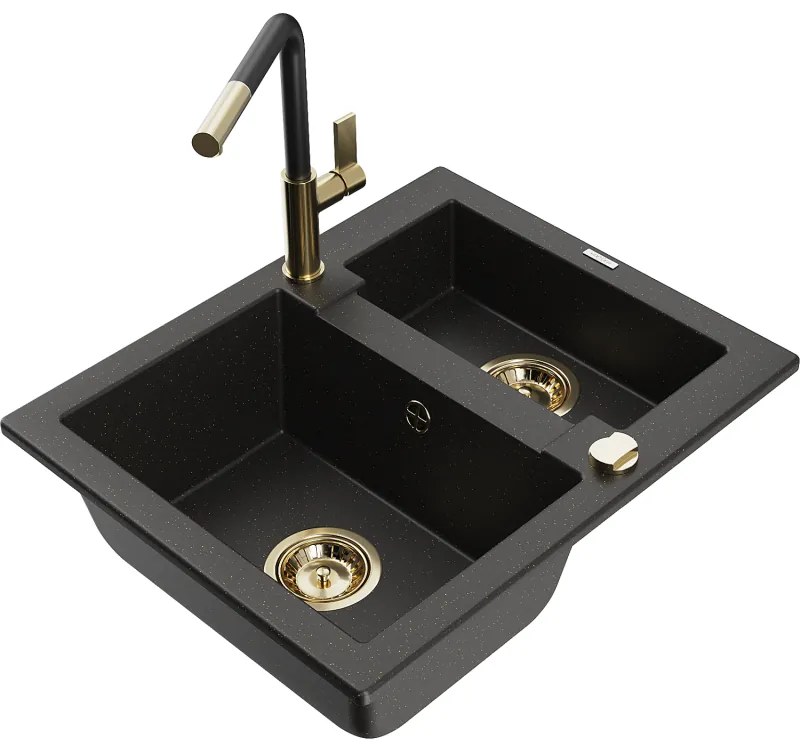 Mexen Carlos, 1,5-komorový granitový drez 582x475x177 mm a drezová batéria Flora, čierna-zlatá metalíza, 6518-75-670401-57-G