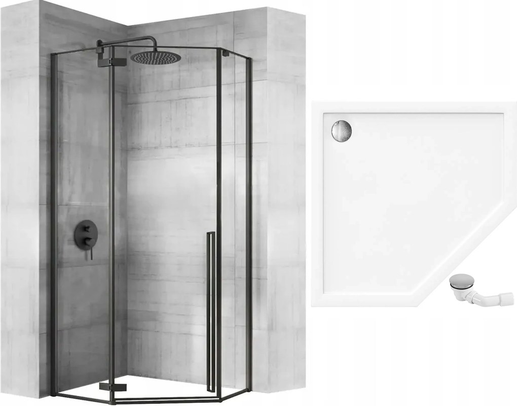 Päťuholníkový sprchovací kút REA DIAMOND 90x90 cm, čierny matný/transparent + vanička Diamond čierna