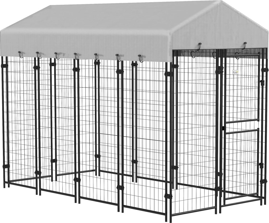 PawHut Vonkajší Koterce pre Psy, Veľká Kovová Klietka s Anti-UV Vodotesnou Strechou a Dverami v 2 Sekciách, 239x121x183cm, Strieborná | Aosom