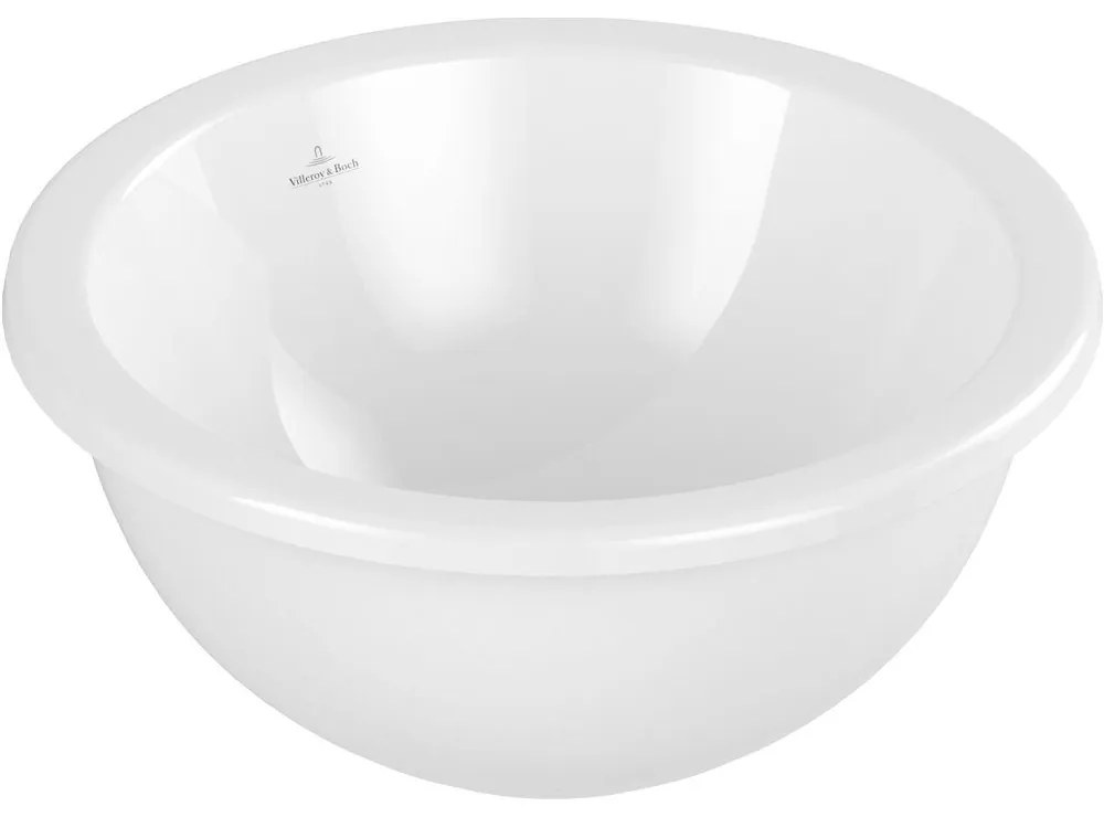 VILLEROY &amp; BOCH Loop &amp; Friends okrúhle umývadlo k zabudovaniu zospodu, bez otvoru, s prepadom, priemer 330 mm, Stone White, s povrchom CeramicPlus, 4A5100RW