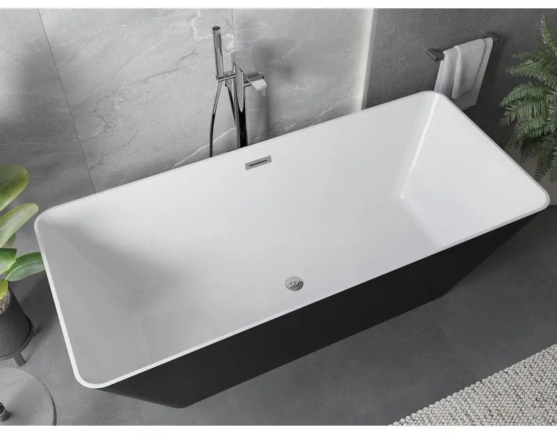 Mexen Velo Slim, voľne stojaca vaňa 170 × 75 cm, biela-čierna, chrómový prepad, 52811707575-01