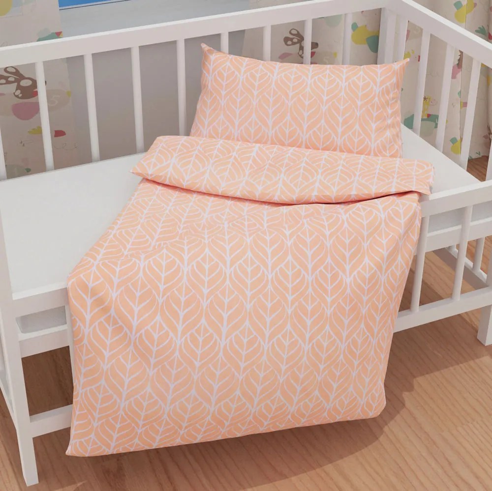 Biante Detské bavlnené posteľné obliečky do postieľky Sandra SA-213 Listy na marhuľovo oranžovom Do postieľky 90x130 a 40x60 cm