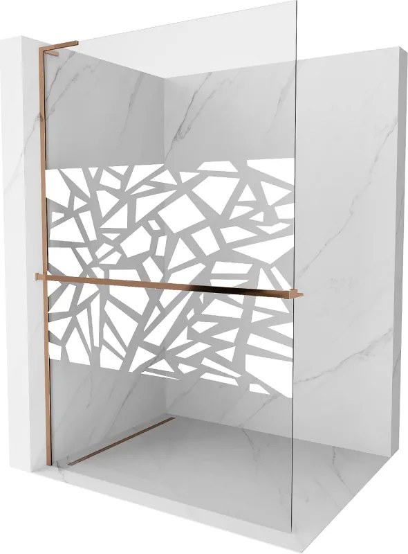 Mexen Kioto+ L, sprchová zástena Walk-In s poličkou a vešiakom 70 x 200 cm, 8mm číre sklo biely vzor, ružové zlato profil, 800-070-123-60-85