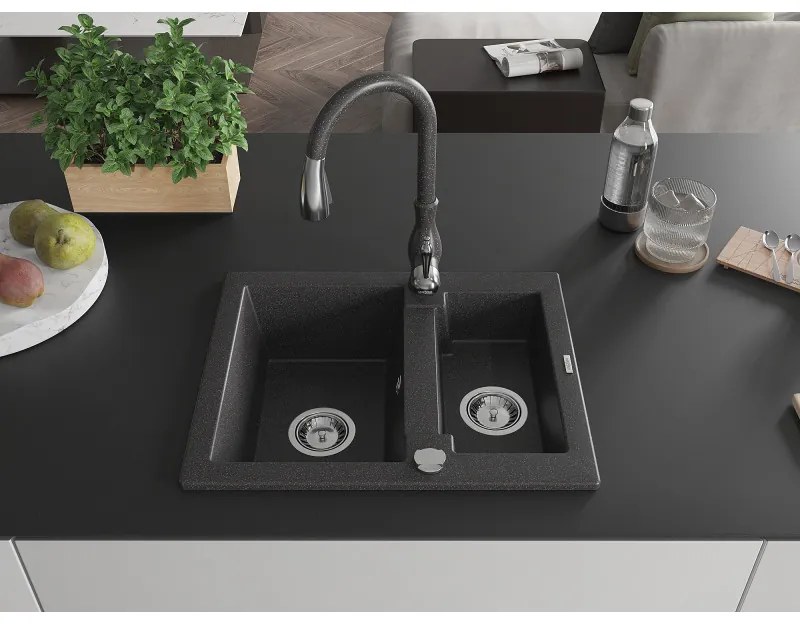 Mexen Carlos, 1,5-komorový granitový drez 582x475x177 mm a drezová batéria Savita, čierna škvrtnitá, 6518-76-672601-76