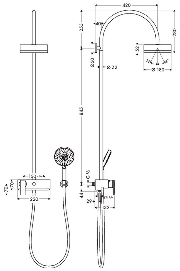 Axor Citterio - Sprchový systém s pákovou batériou a hornou sprchou 180, jeden prúd, chróm 39620000