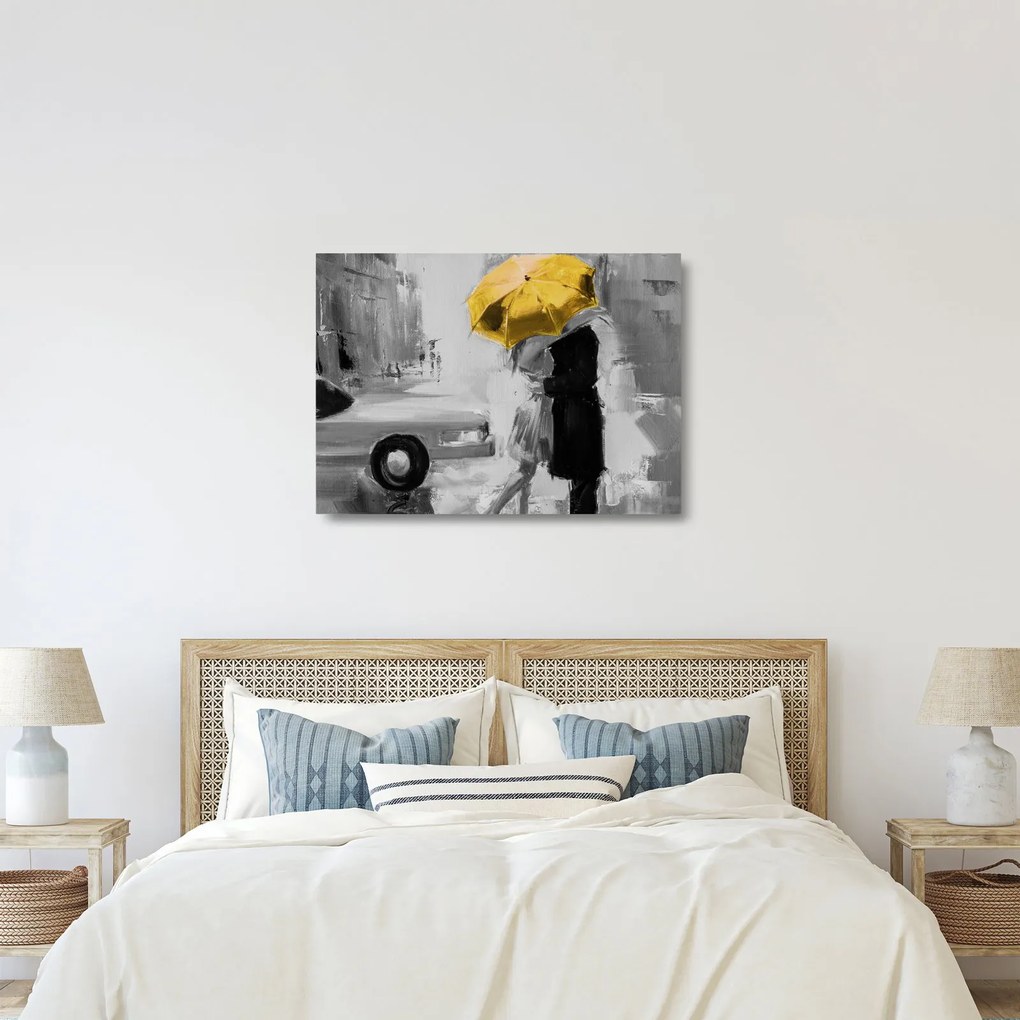 Sklenený obraz - Zamilovaný pár pod dáždnikom, žltý (70x50 cm)