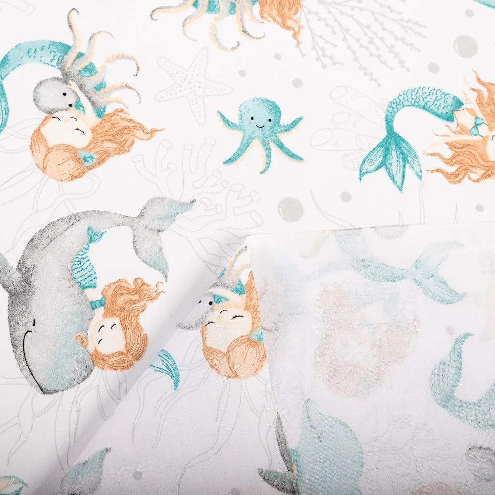 Biante Detský bavlnený záves Sandra SA-691 Modrozelené morské panny s delfínmi a veľrybami na bielom 150x150 cm