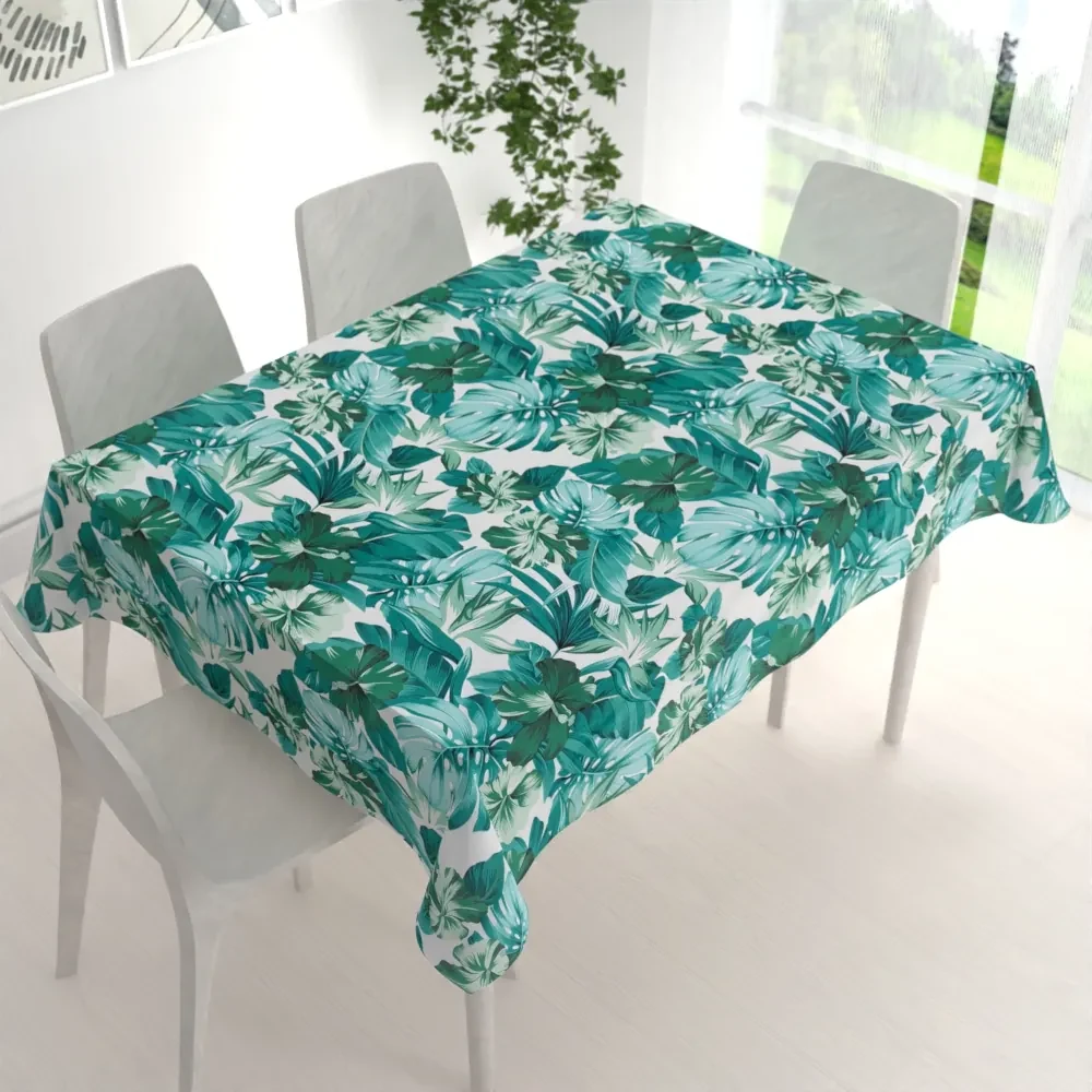 Biante Bavlnený obdĺžnikový obrus Sandra SA-484 Modro-zelené kvety a listy monstery na bielom 100x140 cm