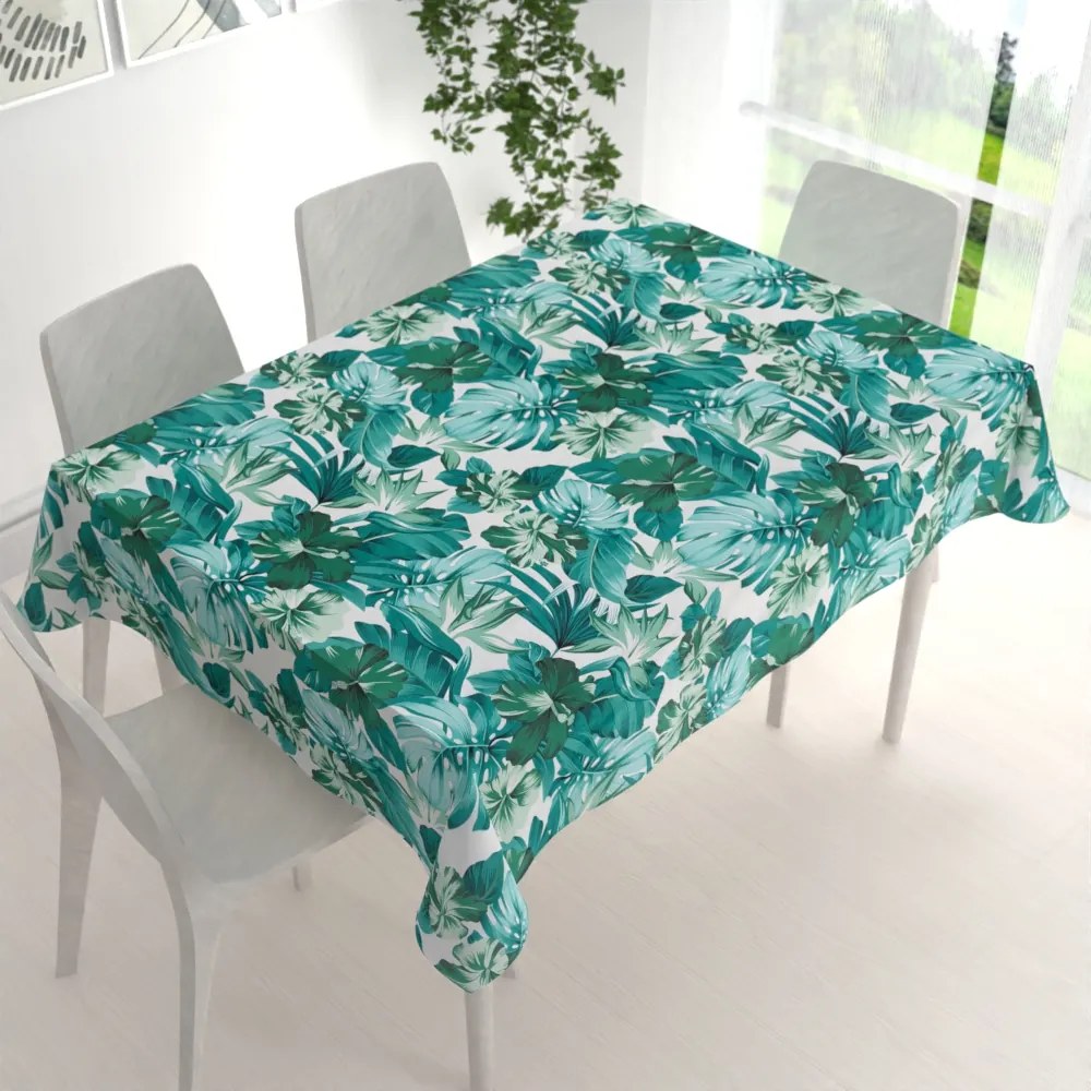 Biante Bavlnený obdĺžnikový obrus Sandra SA-484 Modro-zelené kvety a listy monstery na bielom 50x100 cm